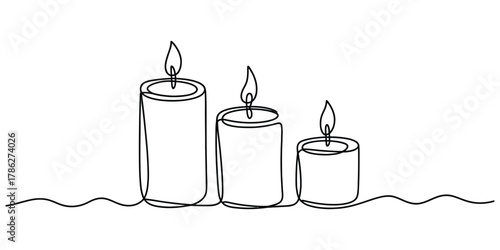 Continuous one line art drawing of three lit burning candles