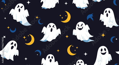 Spooky and fun seamless Halloween pattern with cute cartoon ghosts, crescent moons, and stars floating on a dark navy blue background, ideal for festive party decorations.