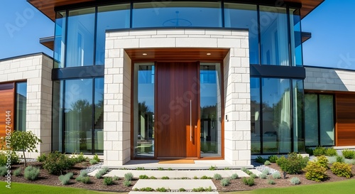 Modern Luxury Home Entrance with Wood Door, Stone Facade, and Large Glass Windows