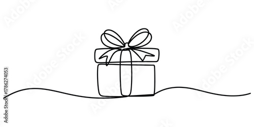 Continuous line drawing of a gift box with bow design on white