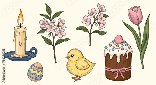 Vintage-style collection of hand-drawn Easter symbols, including a decorated egg, a baby chick, an Easter cake, a candle, and spring blossoms, on a light background.