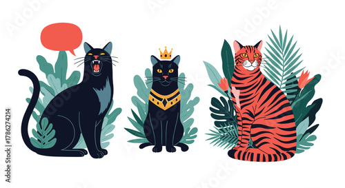 Stylish set of three illustrations featuring a hissing black cat, a royal cat with a crown, and a tiger, all surrounded by lush tropical leaves and plants.