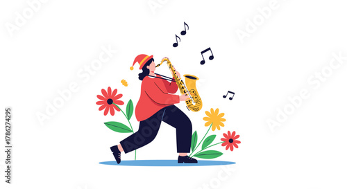 Joyful woman wearing a Santa hat happily plays the saxophone while walking through colorful flowers and musical notes, illustrating a festive Christmas music celebration or performance.