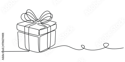 Single continuous line art of a gift box with a decorative bow