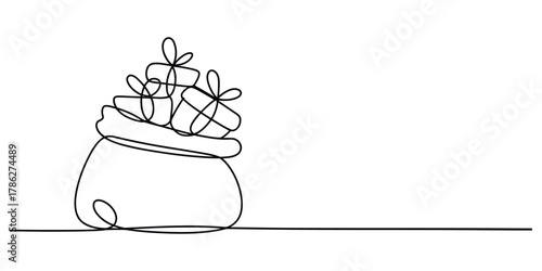 Minimalist continuous line drawing of a gift bag full of presents.