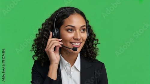 Gently female call center operator talking with headset on green screen background for customer support and communication service.