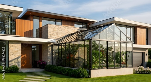 Modern Luxury Home with Integrated Greenhouse and Stone Facade