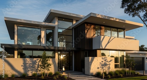 Modern Luxury Home with Large Windows and Sunset Light