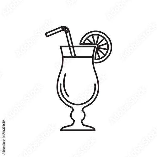 Outline icon of a hurricane cocktail with a straw and lemon slice isolated on white background