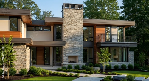 Modern Luxury Home with Stone and Wood Facade