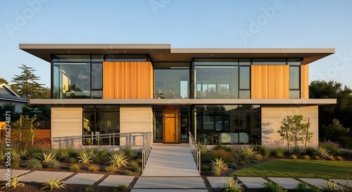 Modern Luxury Home with Wood and Glass Facade, Landscaped Garden, and Clear Sky