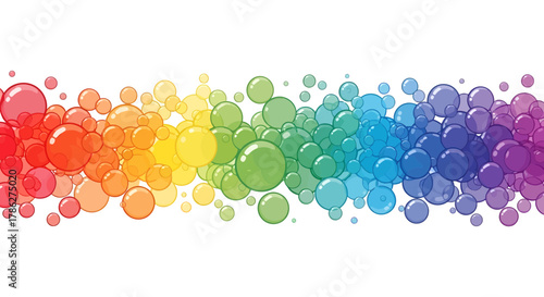 Spectrum of iridescent bubbles arrangement creating a colorful visual gradient effect