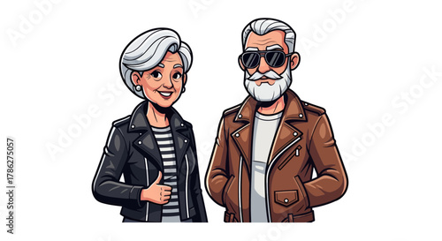 Stylish senior couple rocking leather jackets embracing freedom and individuality embodying aging