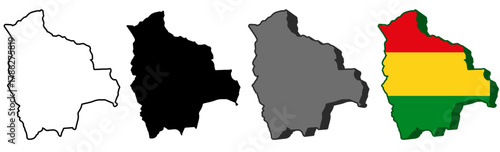 Set vector bolivia flag in map icon. Detailed bolivia  map silhouette. 3D isometric bolivia  map symbol design template illustration