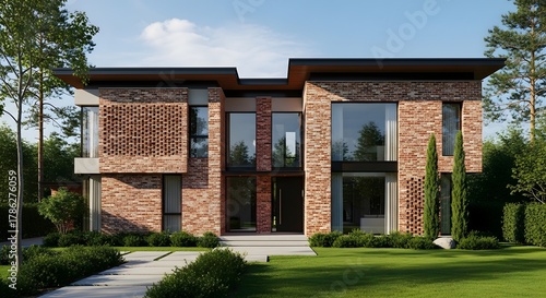 Modern Red Brick House with Large Windows and Lush Green Landscaping