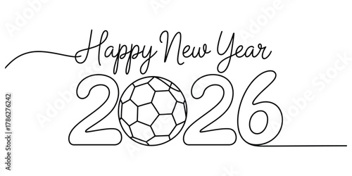 Happy new year 2026, soccer ball holiday celebration line art