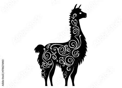 a stylized silhouette of a llama with intricate swirlsalpaca, animal, black, camel, design, illustration, ornament, pattern, profile, stand, swirl, white 