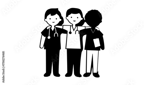 a black and white illustration of a group of doctors and nurses standing togetherboy, catch, clipboard, doctor, illustration, man, nurse, patient, person, stand, stethoscope, woman 