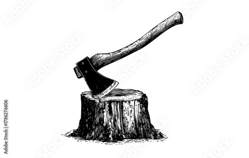 a black and white drawing of an axe resting on a tree stumpax, drawing, illustration, ink, log, sketch, stick, stump, tool, tree trunk, wood 