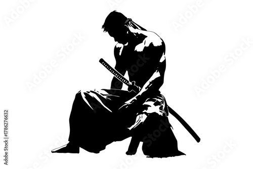 a silhouette of a muscular man kneeling, holding a katanabaseball bat, bat, black, catch, floor, hockey stick, illustration, man, martial, person, profile, robe, samurai, sword, warrior 