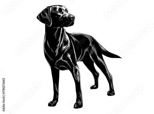 a black and white drawing of a dog standing uprightblack, dog, illustration, labrador, pointer, stand 