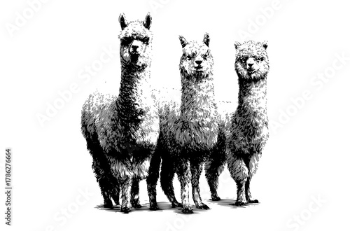 three alpacas standing side by side, hand-drawn in a realistic stylealpaca, animal, camel, stand, white 