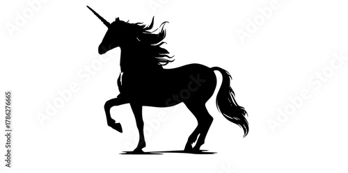 a silhouette of a unicorn standing on its hind legsblack, horse, illustration, mane, profile, tail, trumpet, unicorn 