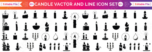 Set candle silhouettes for religion commemorative and party icon. Vector Black linear or flat symbol collection isolated on transparent background. Editable stroke some melted and others solid.