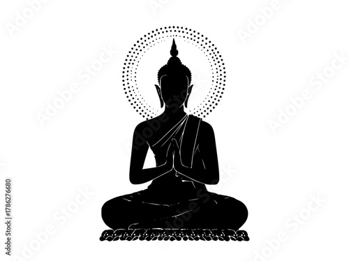 a silhouette of a seated buddha with a halo around its headauthor, black, buddha, illustration, lotus, meditation, profile, sit, statue 