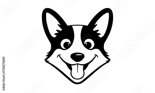 a black and white drawing of a dog's head with a cheerful expressionBorder collie, black, dog, head, husky, illustration, image, logo, mouth, pet, smile, white 