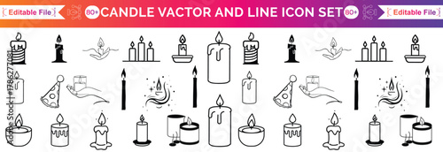 Set candle silhouettes for religion commemorative and party icon. Vector Black linear or flat symbol collection isolated on transparent background. Editable stroke some melted and others solid.