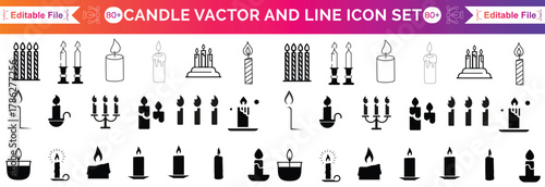 Set candle silhouettes for religion commemorative and party icon. Vector Black linear or flat symbol collection isolated on transparent background. Editable stroke some melted and others solid.