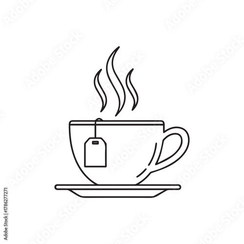 Line art illustration of a steaming cup of tea with a tea bag