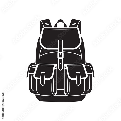 Black backpack with multiple pockets isolated on white background