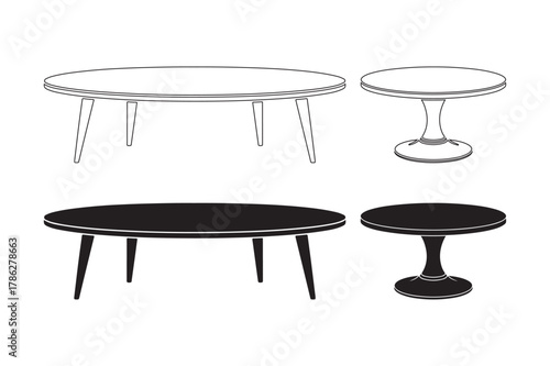 Collection of hand drawn oval and round tables in black and white