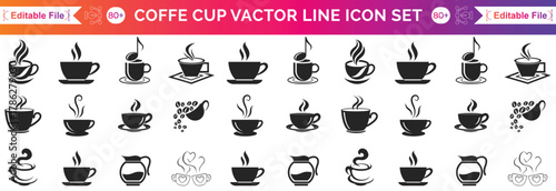 Coffee mug and tea cup vector icon set. Black silhouette collection with steam and heart symbols for cafe logo, coffee shop branding, menu design or hot drink element. 