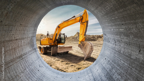 Heavy construction equipment operates at a building site, seen through a large pipe. The sun shines brightly, casting a warm glow over the busy scene of progress. Loader, excavator.