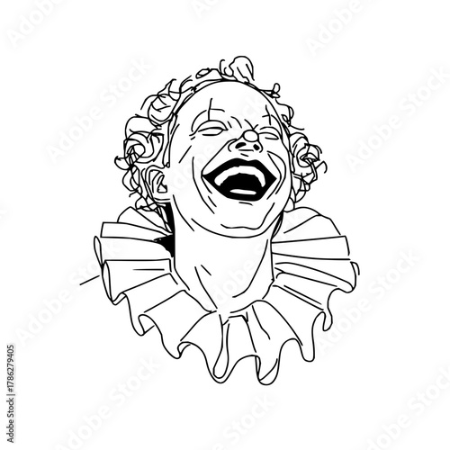 Laughing clown drawing vector illustration, scary halloween clown face with ruff collar and curly hair art