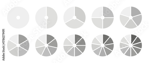 Monochrome diagram with 1, 2, 3, 4, 5, 6, 7, 8, 9, 10 equal sections, steps. Pie chart. Circle icons for UI, web design, business presentation, infographic, statistic, analytics. Graphic illustration.