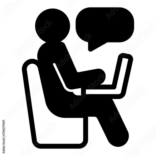 Person with laptop solid icon, work from home concept, worker in chair, speech bubble vector sign on white background, glyph style icon mobile concept web design. Vector graphics.