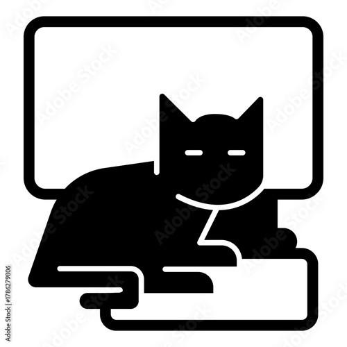 Computer, keyboard and cat solid icon, leisure time concept, pet relax near PC monitor vector sign on white background, glyph style icon mobile concept web design. Vector graphics.