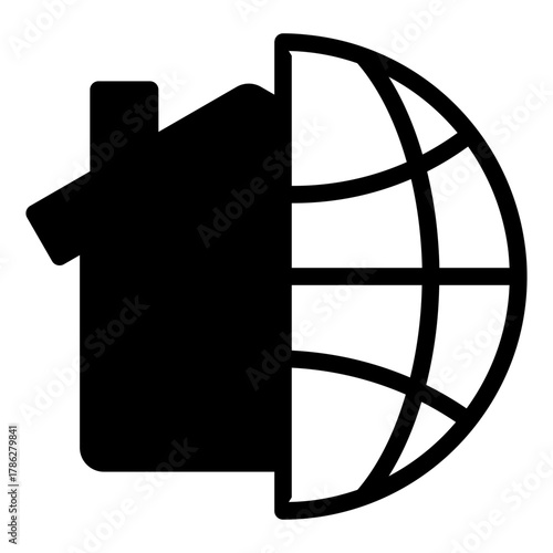 Half globe, house with chimney solid icon, work from home concept, remote job vector sign on white background, glyph style icon mobile concept web design. Vector graphics.