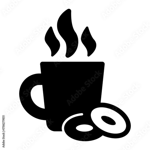 Cup of tea and bagel solid icon, coffee break concept, hot mug and gingerbread vector sign on white background, glyph style icon mobile concept web design. Vector graphics.