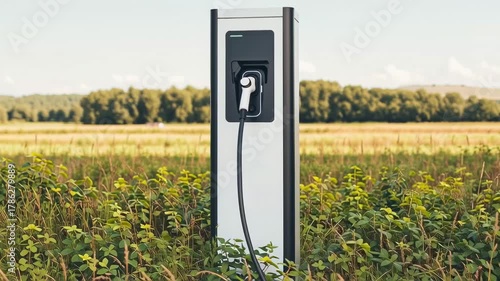 An electric vehicle charging station in a rural field.