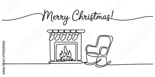 Merry christmas line art, fireplace, stockings, and rocking chair