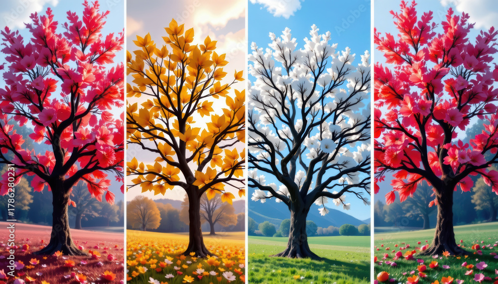 Fototapeta premium Four Seasons Tree Display Nature's Beauty Through the Year Vibrant Colors Scenic Landscape Captivating View