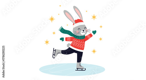 Joyful cartoon rabbit wearing a Santa hat and a cozy red sweater while ice skating among golden stars, embodying the fun and festive spirit of the winter holidays.