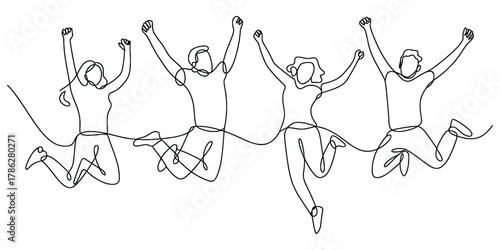 Four friends celebrate success with joyful jump, continuous line