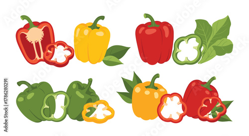 Set of fresh colorful bell peppers in red, yellow, and green, shown whole, sliced, and in compositions with leaves, isolated on a white background for culinary use.
