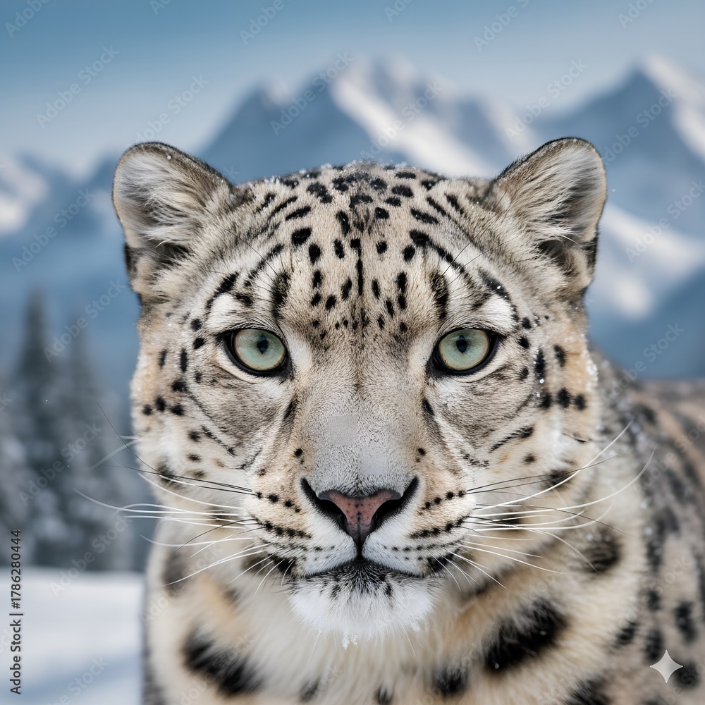 Fototapeta premium Close-up portrait of a majestic snow leopard with pale green eyes, set against a blurred background of snowy mountains and winter forest